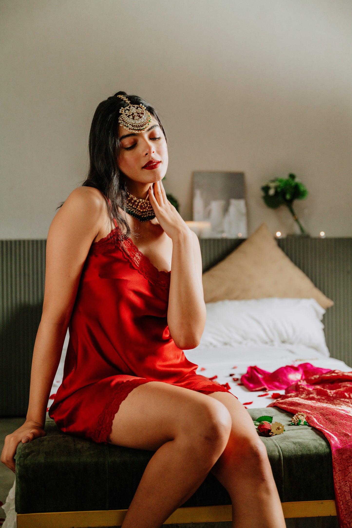 Pure Silk Ruby Red Short Dress in Lace | 100% Mulberry Silk