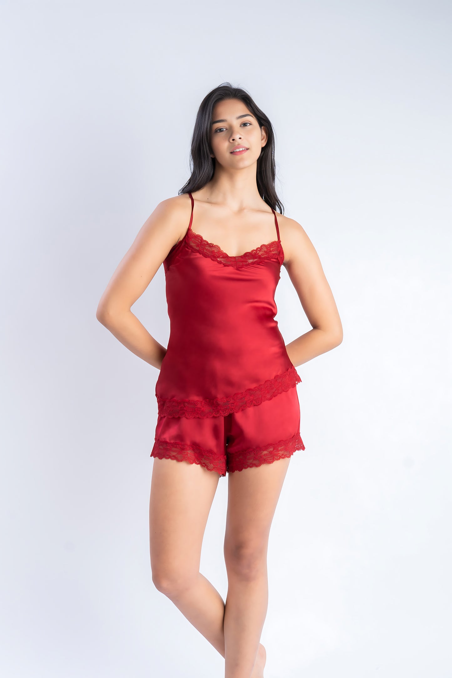Pure Silk Ruby Red Co-Ord Set in Lace | 100% Mulberry Silk