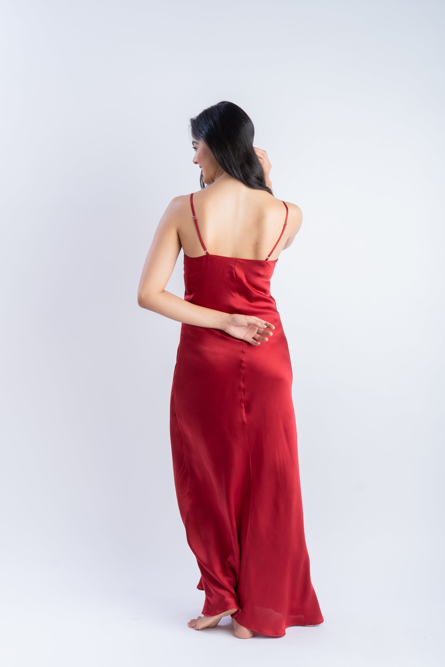 Pure Silk Ruby Red Long Dress | 100% Mulberry Silk