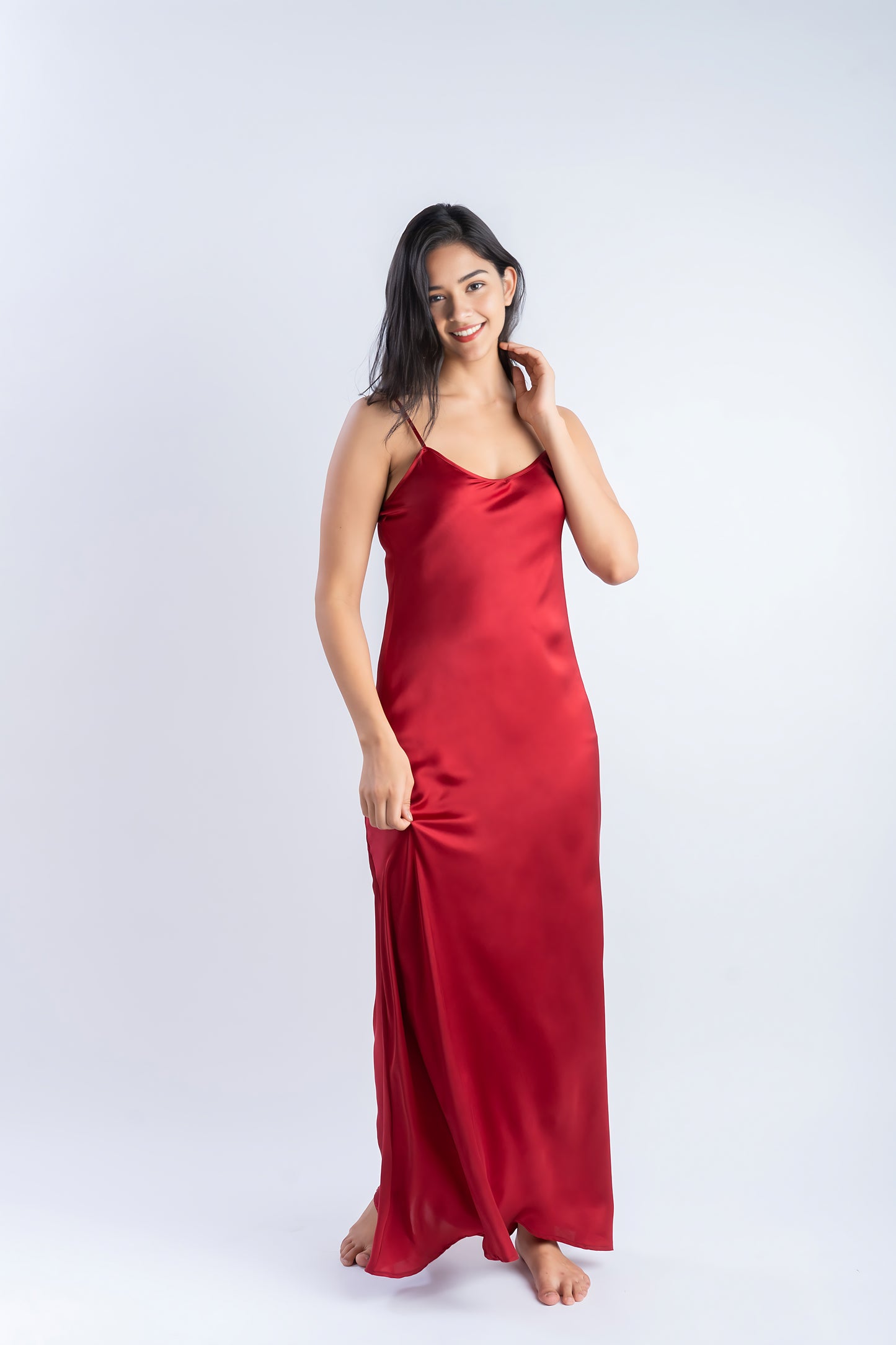 Pure Silk Ruby Red Long Dress | 100% Mulberry Silk