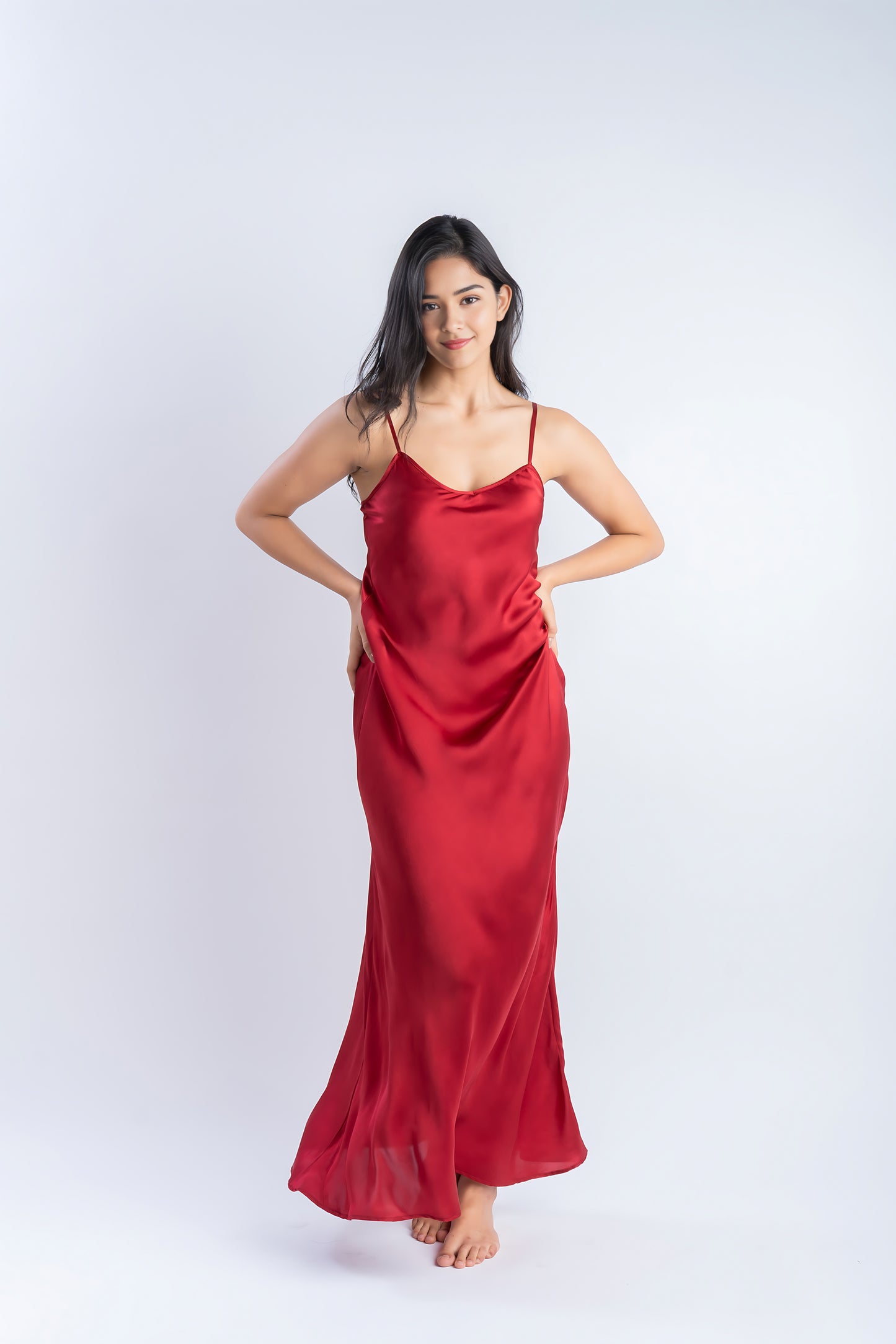 Pure Silk Ruby Red Long Dress | 100% Mulberry Silk