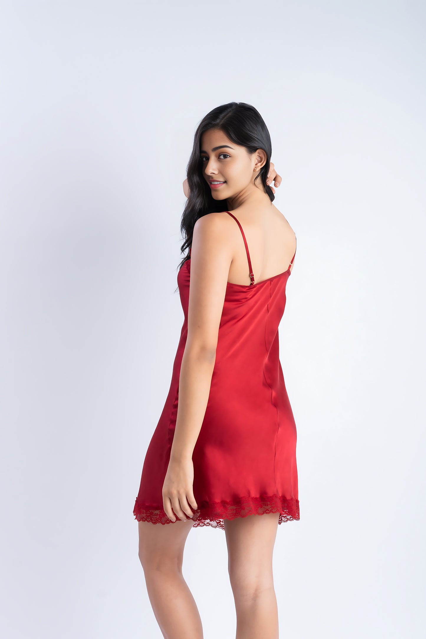 Pure Silk Ruby Red Short Dress in Lace | 100% Mulberry Silk