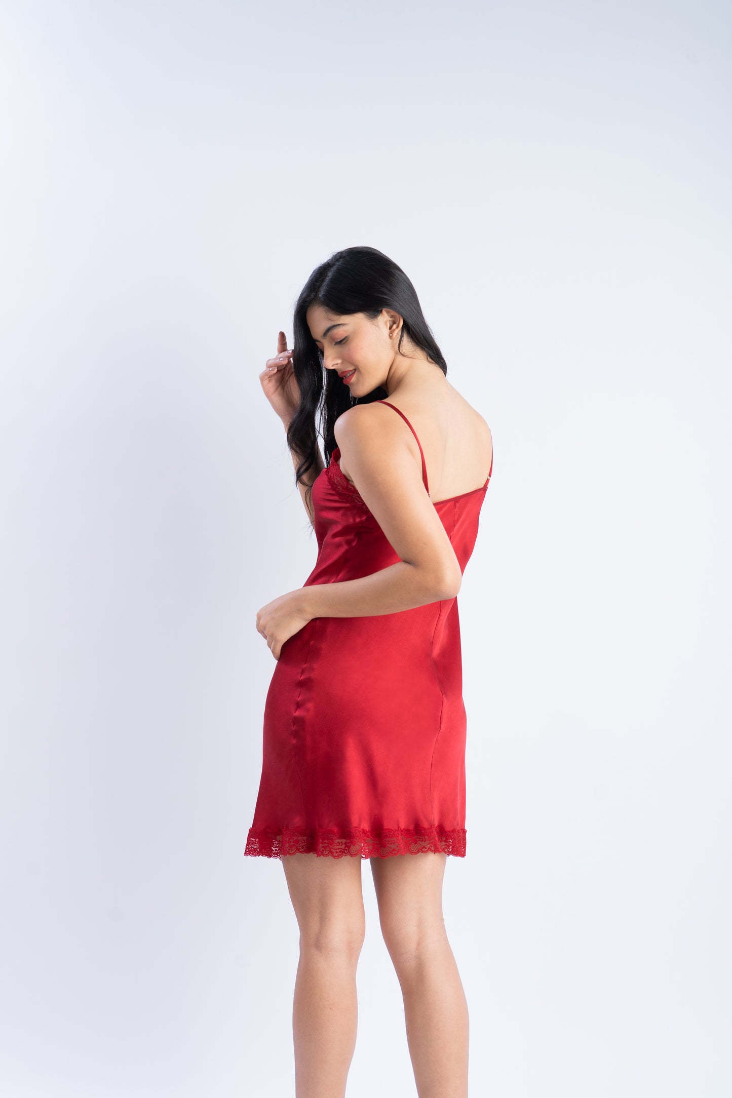Pure Silk Ruby Red Short Dress in Lace | 100% Mulberry Silk
