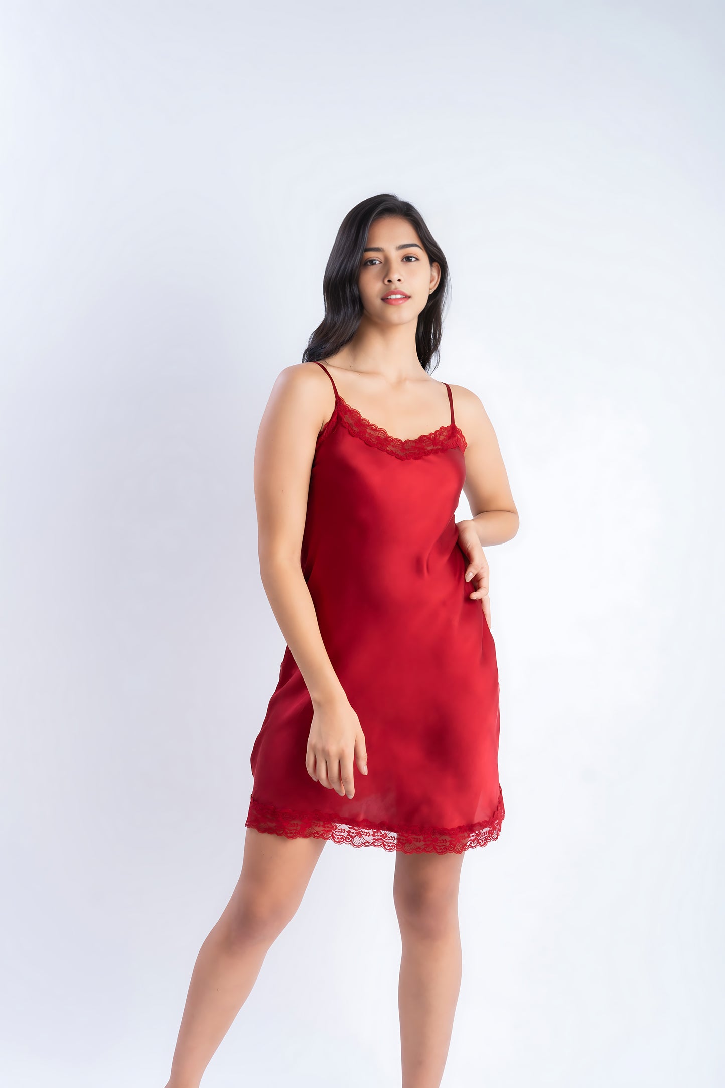 Pure Silk Ruby Red Short Dress in Lace | 100% Mulberry Silk