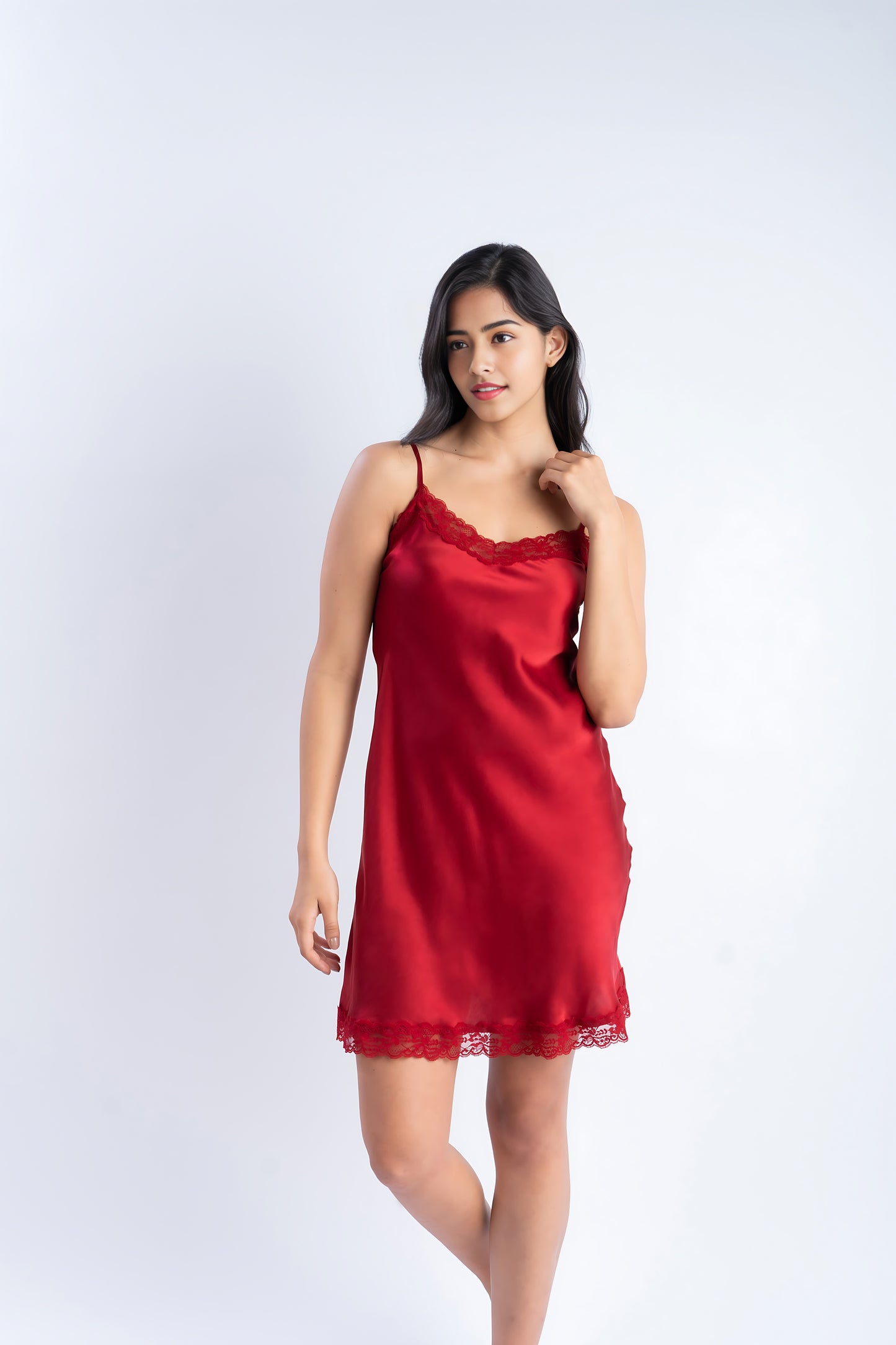 Pure Silk Ruby Red Short Dress in Lace | 100% Mulberry Silk