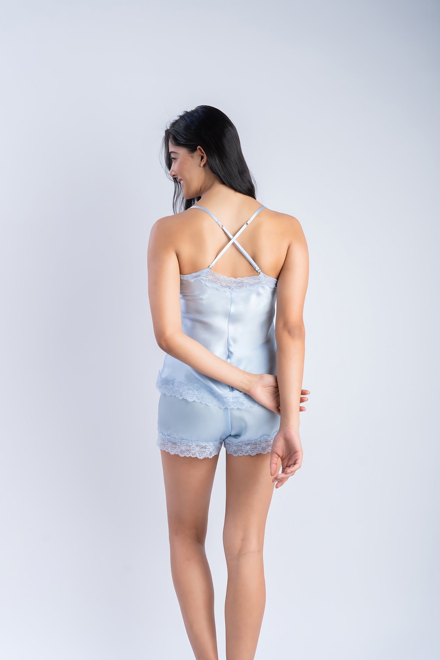 Silk Co-ord Set with Lace (Powder Blue) | 100% Pure Silk