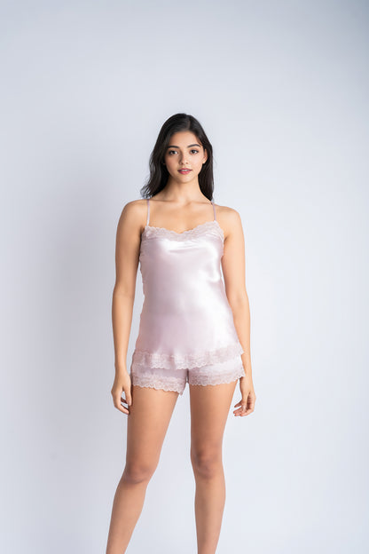 Rose Pink Silk Co-Ord Set in Lace | 100% Pure Mulberry Silk