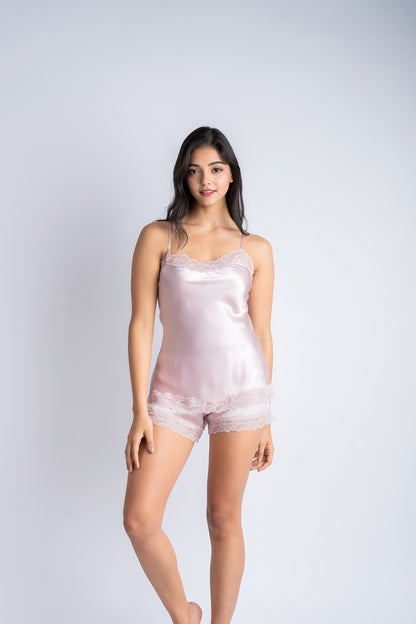 Rose Pink Silk Co-Ord Set in Lace | 100% Pure Mulberry Silk