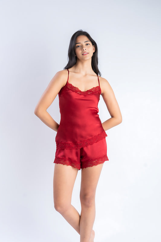 Ruby Red Silk Co-Ord Set in Lace | 100% Pure Mulberry Silk