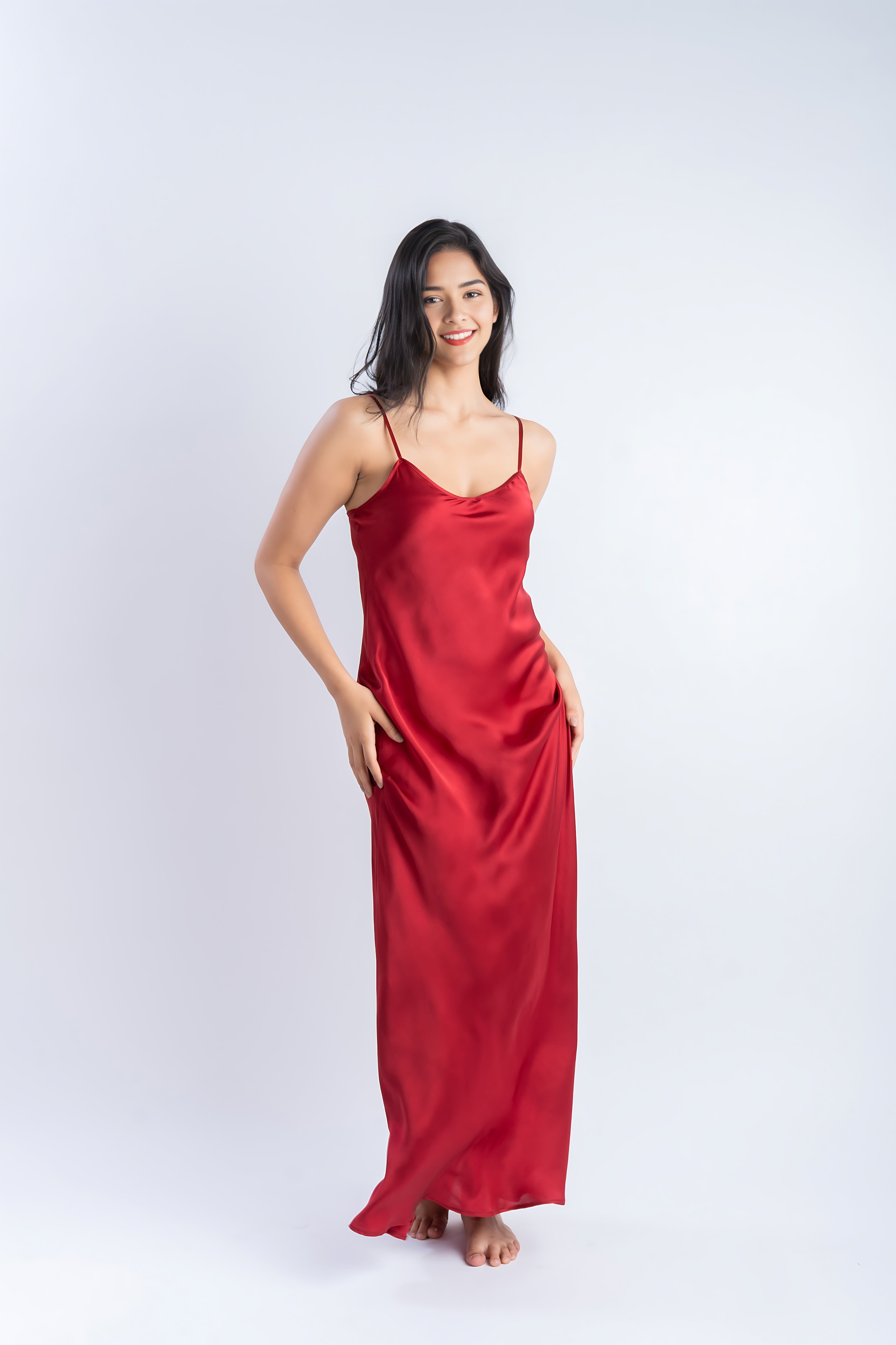 Red silk v neck on sale dress